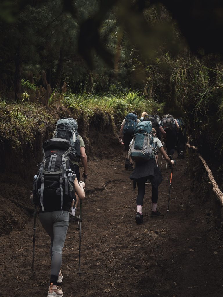 Group of hikers with backpacks on the Acatenango volcano trail in Guatemala — 2 day 1 night overnight adventure tour
