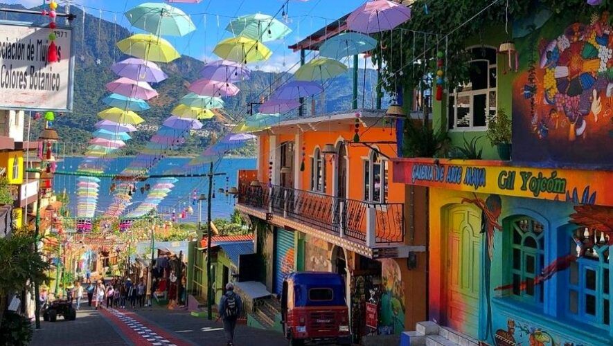 Colorful murals painted on walls of San Juan La Laguna village at Lake Atitlán Guatemala