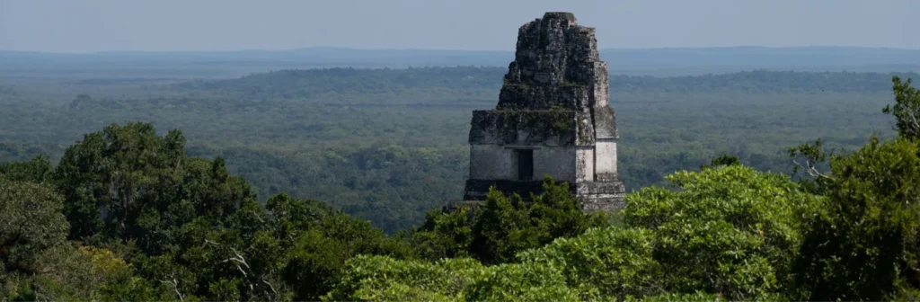 Tikal Mayan pyramid Temple I rising above jungle canopy at sunrise in Petén Guatemala — guided tour Cyman Travel