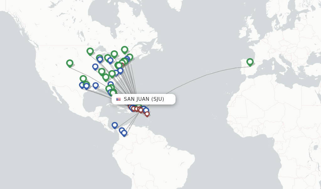 Flight route map from San Juan Puerto Rico to Guatemala City La Aurora Airport