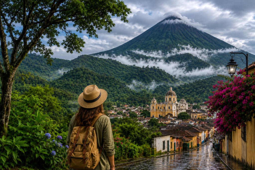 Paisaje volcánico verde de Guatemala en julio, durante la temporada de lluvias, con el volcán de Agua elevándose sobre un frondoso bosque nuboso cerca de Antigua; visitas guiadas con Cyman Travel