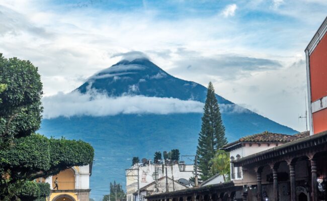 Panoramic view of Antigua Guatemala with Volcán de Agua in the background