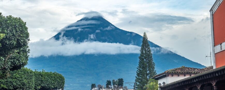 Panoramic view of Antigua Guatemala with Volcán de Agua in the background