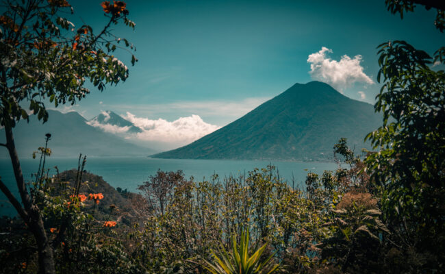 Lush green Acatenango volcano in July during Guatemala rainy season