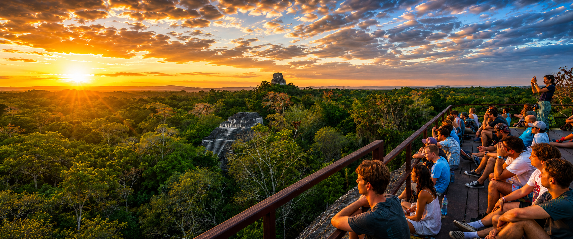 Los templos de Tikal al atardecer sobre el dosel de la selva en Guatemala