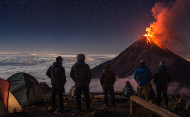 Excursionistas en el campamento base del Acatenango observan la erupción nocturna del volcán de Fuego por encima de las nubes, en Guatemala