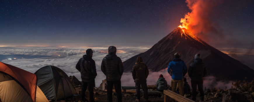Excursionistas en el campamento base del Acatenango observan la erupción nocturna del volcán de Fuego por encima de las nubes, en Guatemala