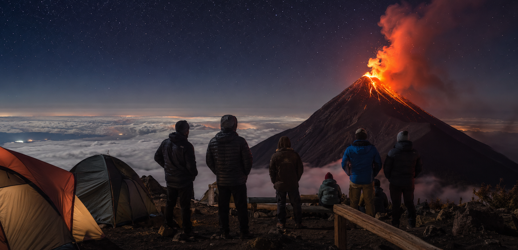 Hikers at Acatenango base camp watching Fuego volcano erupt at night above the clouds Guatemala