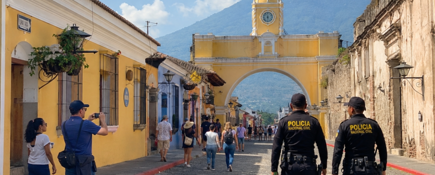 Tourists walking safely on cobblestone streets of Antigua Guatemala with police presence