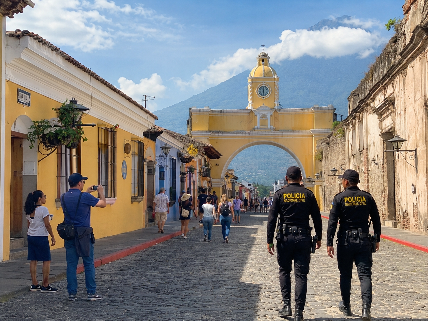 Tourists walking safely on cobblestone streets of Antigua Guatemala with police presence